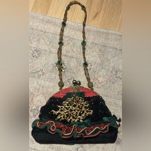 Elegant Mary Frances Black, Green and Red Beaded Christmas Handbag
